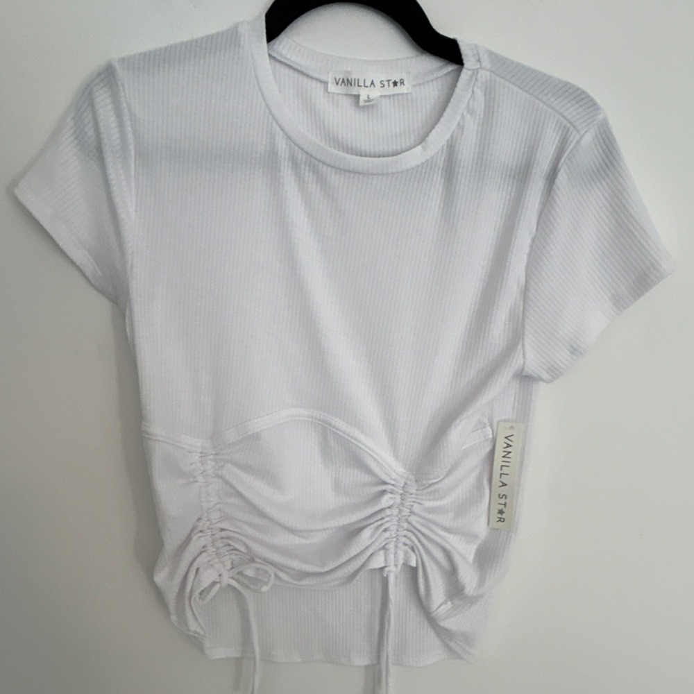 Vanilla‎ Star White Cropped Drawstring Knit Short Sleeve Top L Polyester Spandex